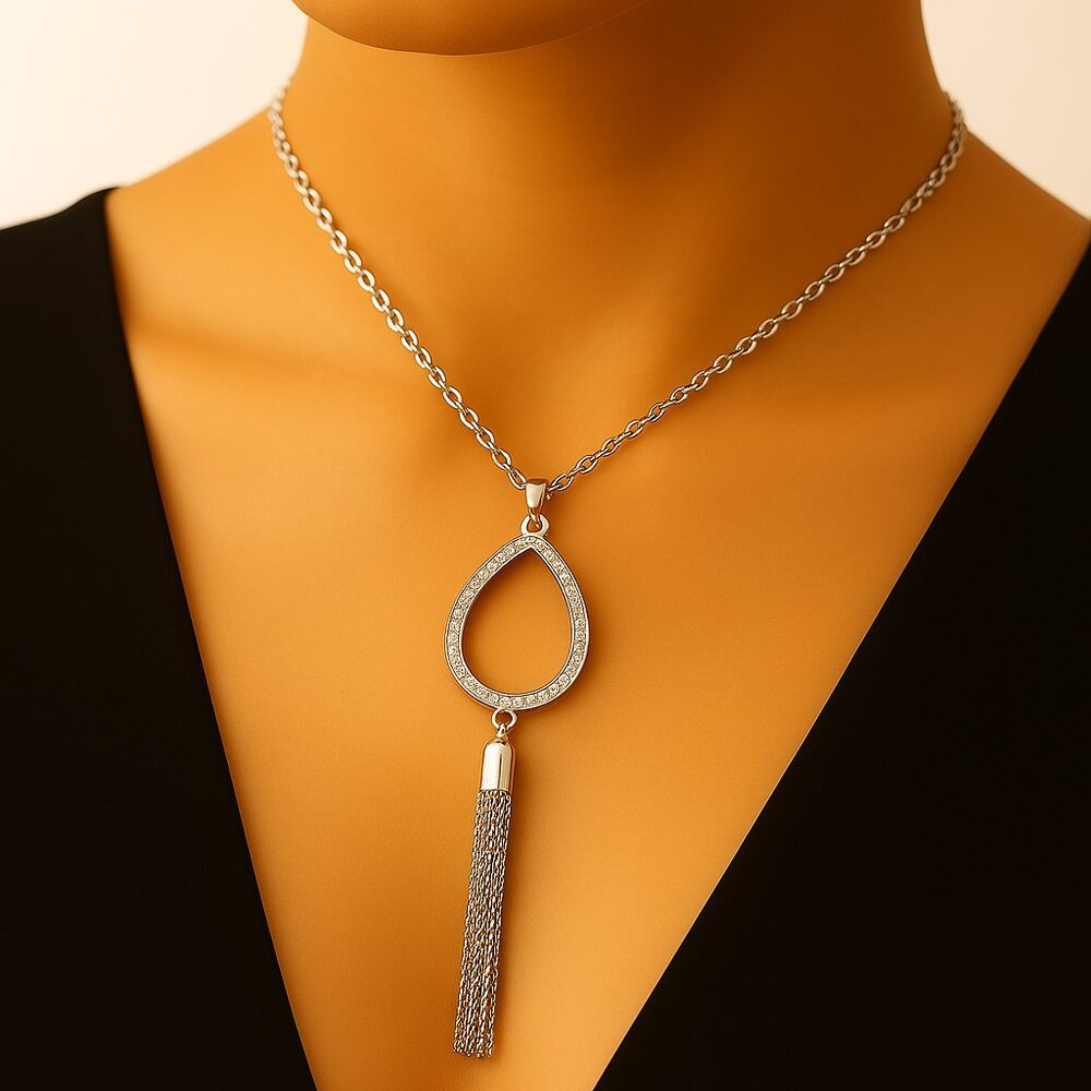 Swarovski Crystal Necklace Sterling Silver Overlay Teardrop Chain Tassel Pendant